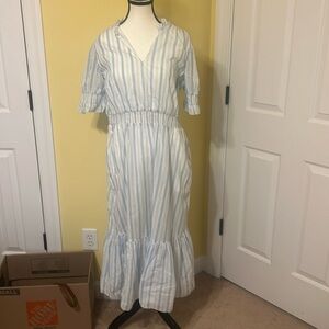 JC Maxi Dress, White & Blue stripes, w/ pockets. Sz L, 48” long, lined, ptp 21”